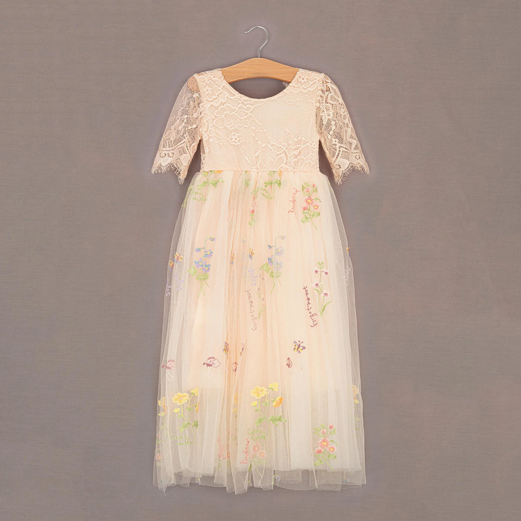 Champagne Embroidered Flutter Sleeve Flower Girl Dress