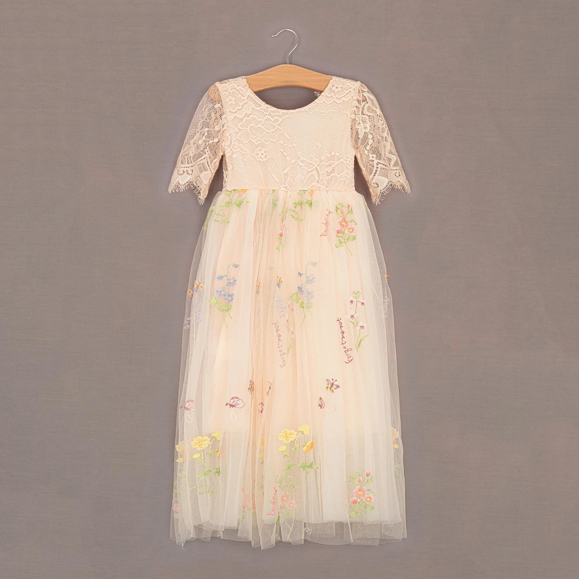 Champagne Embroidered Flutter Sleeve Flower Girl Dress