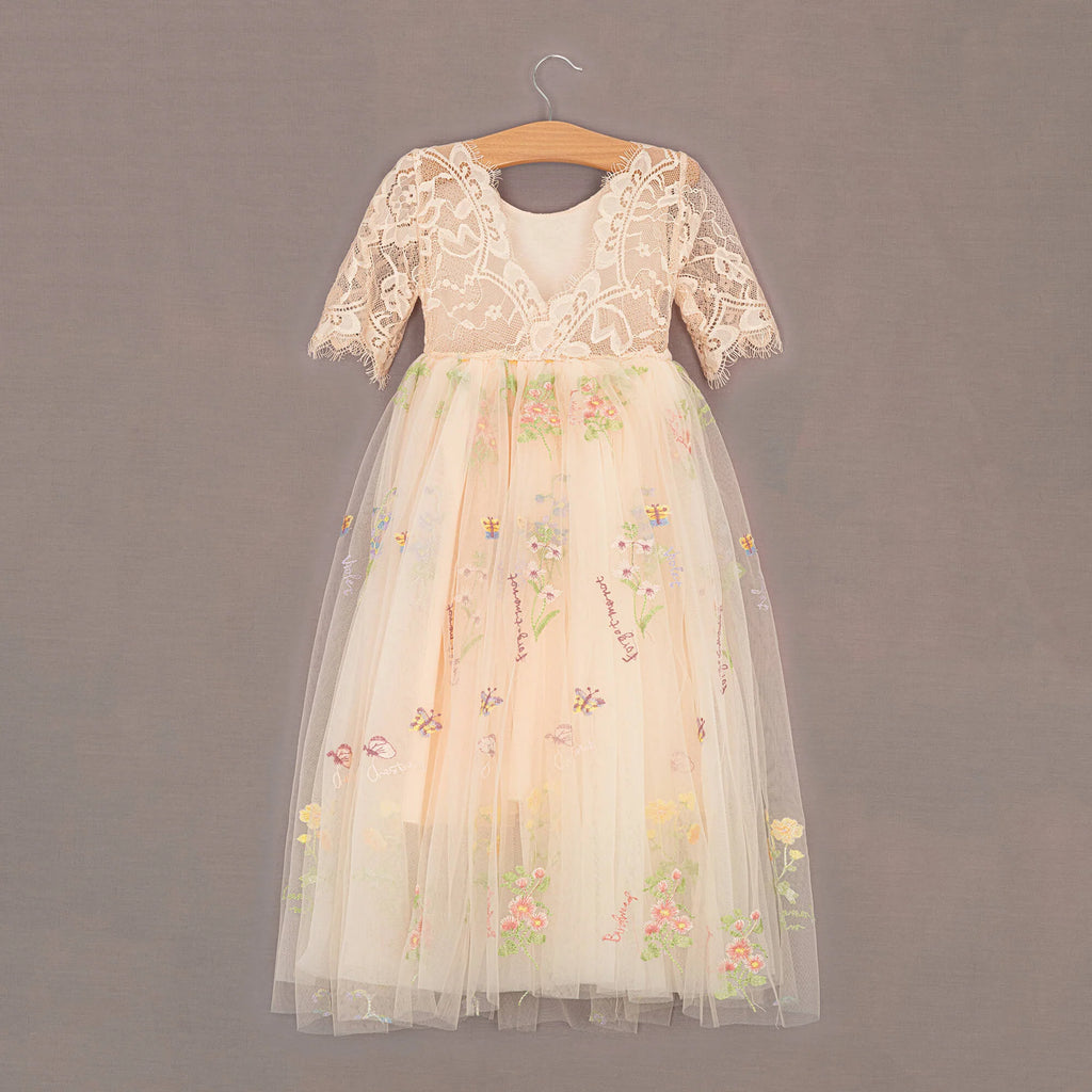 Champagne Embroidered Flutter Sleeve Flower Girl Dress