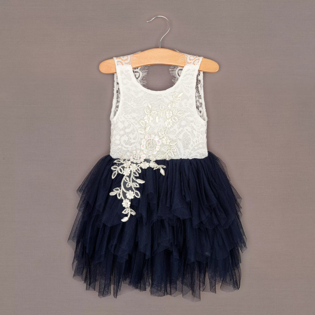 Navy Blue Lace Applique Flower Girl Tulle Dress