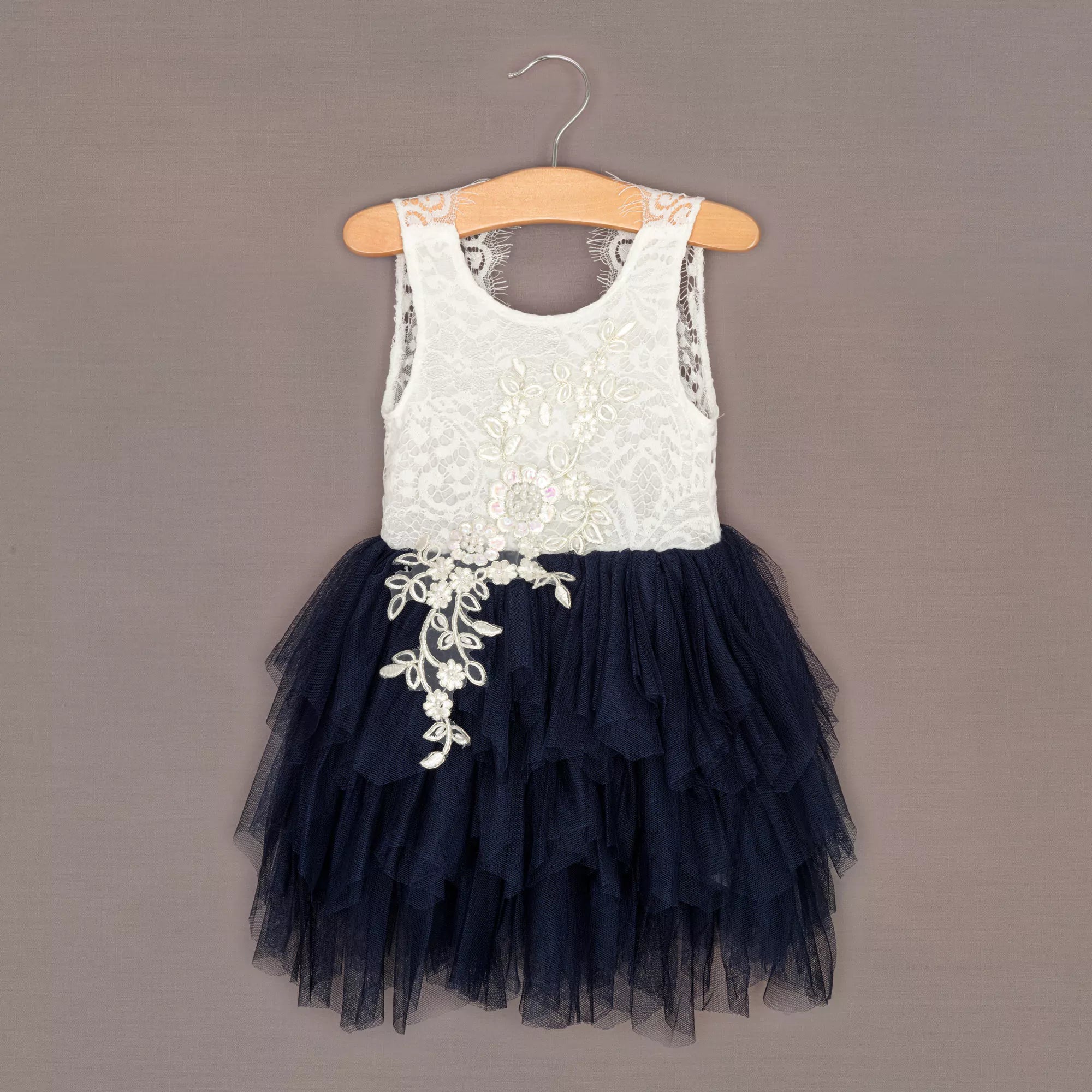 Navy Blue Lace Applique Flower Girl Tulle Dress