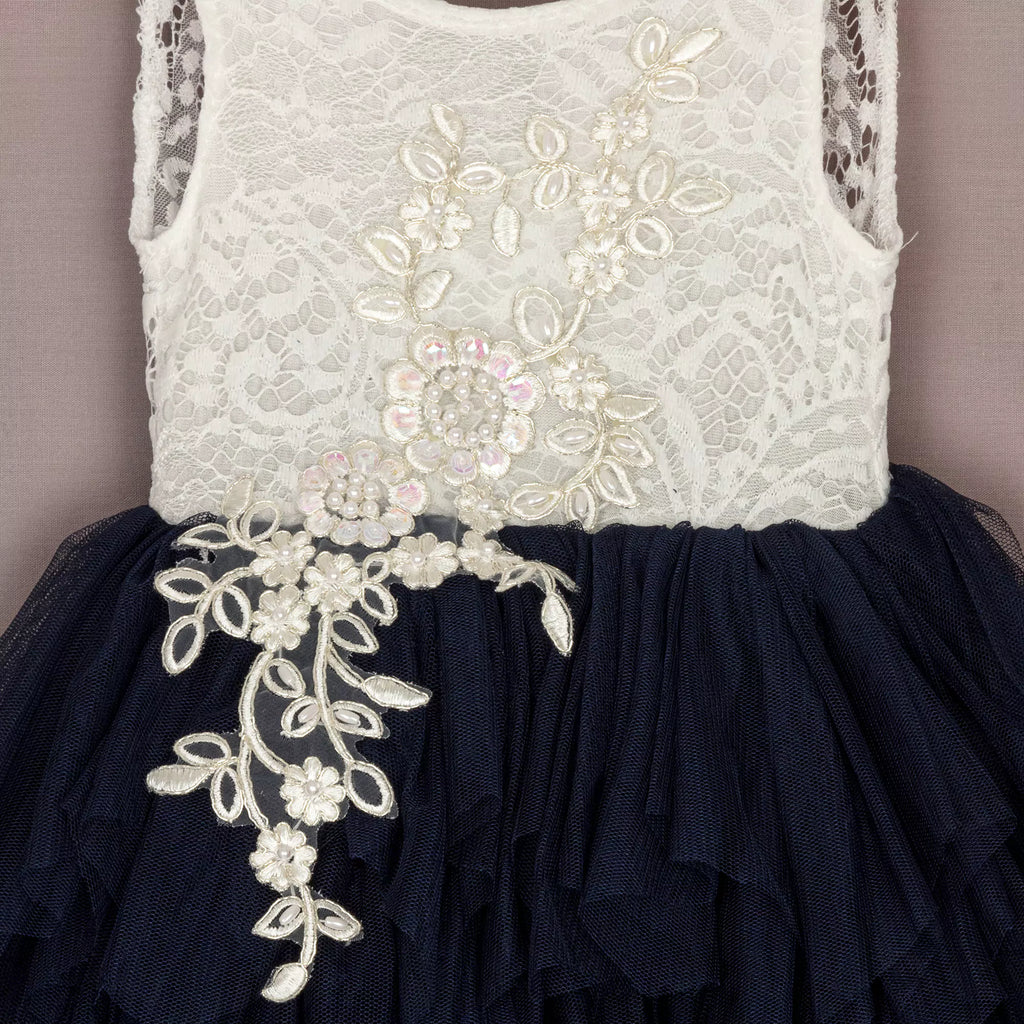 Navy Blue Lace Applique Flower Girl Tulle Dress
