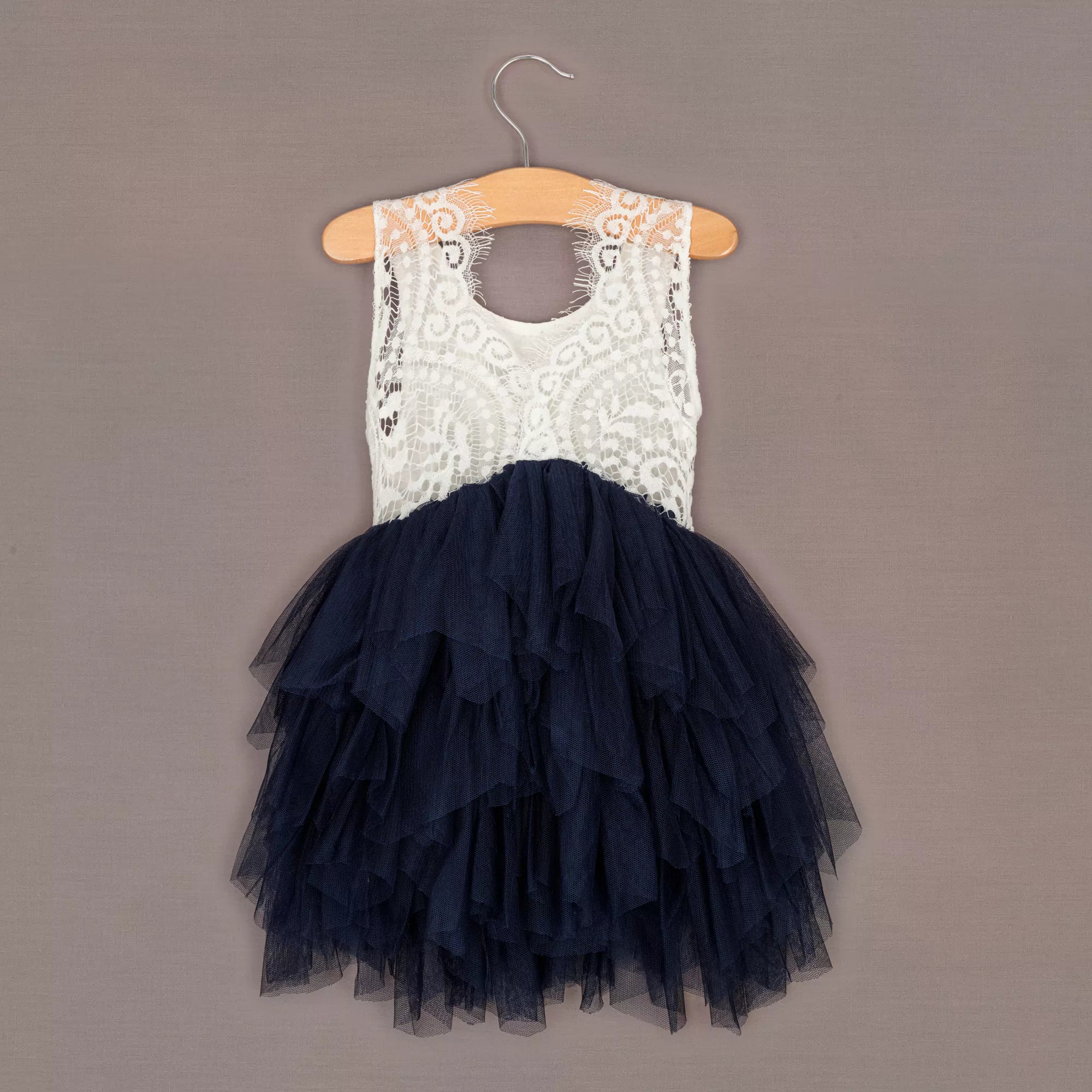 Navy Blue Lace Applique Flower Girl Tulle Dress