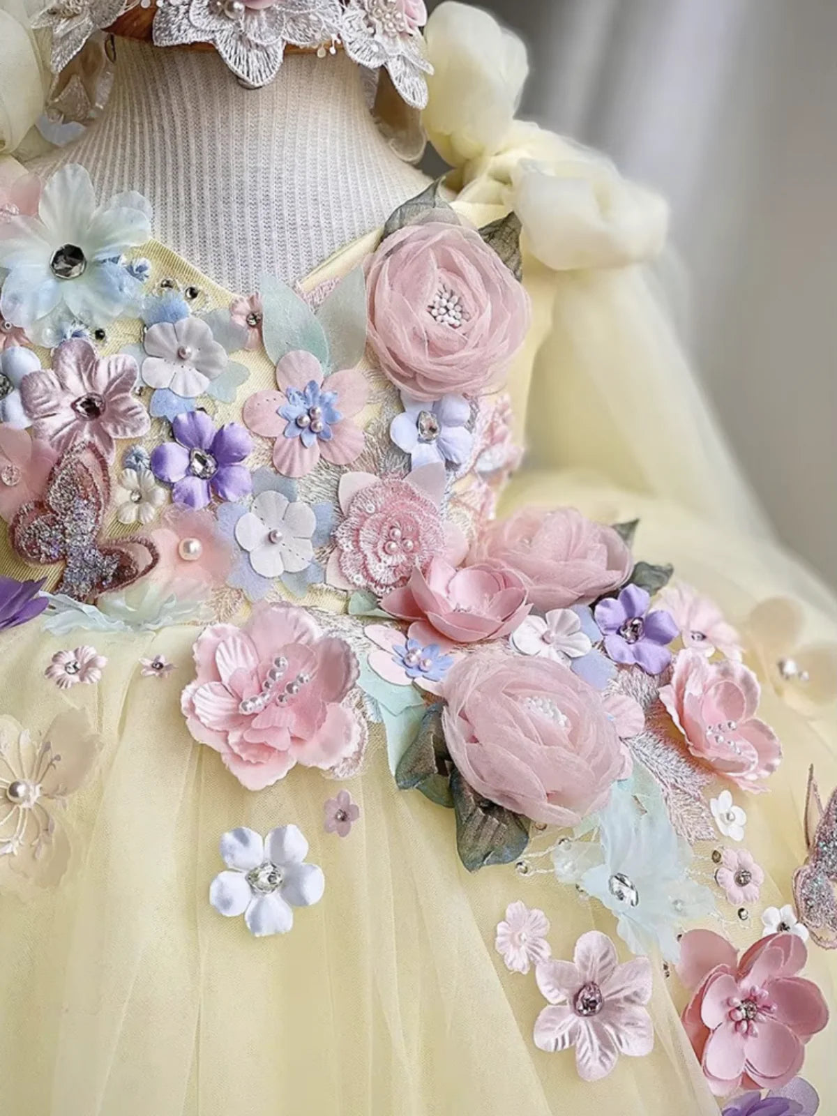 Girls Embroidered Flower Pearl Strap Princess Party Dress
