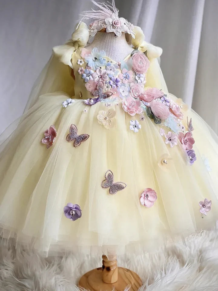 Girls Embroidered Flower Pearl Strap Princess Party Dress