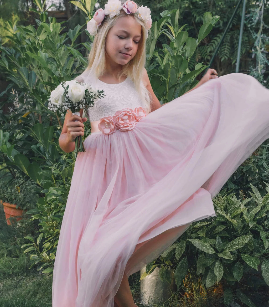 Baby Pink Boho Lace Flower Girl Dress with Tulle Skirt