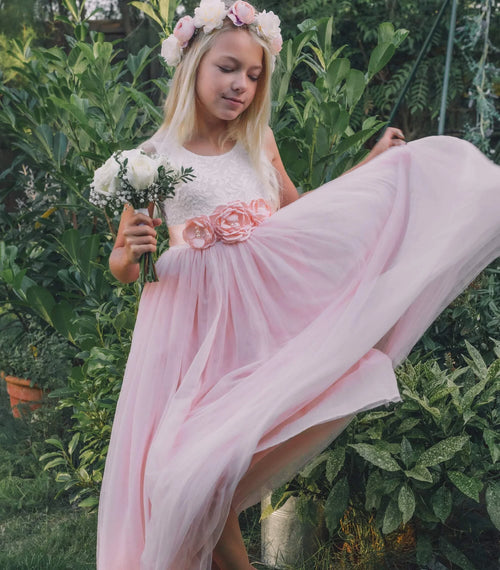 Baby Pink Boho Lace Flower Girl Dress with Tulle Skirt