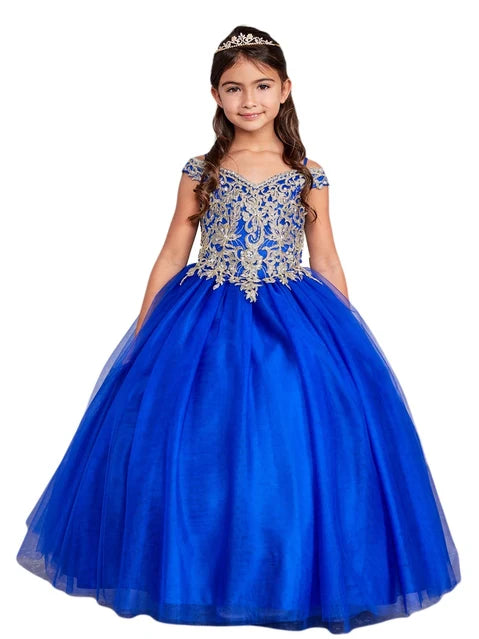 Girls Off-Shoulder Metallic Lace Tulle Ball Gown
