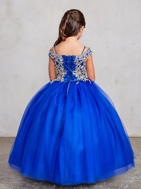 Girls Off-Shoulder Metallic Lace Tulle Ball Gown