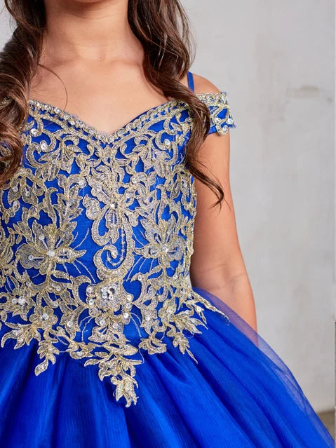 Girls Off-Shoulder Metallic Lace Tulle Ball Gown