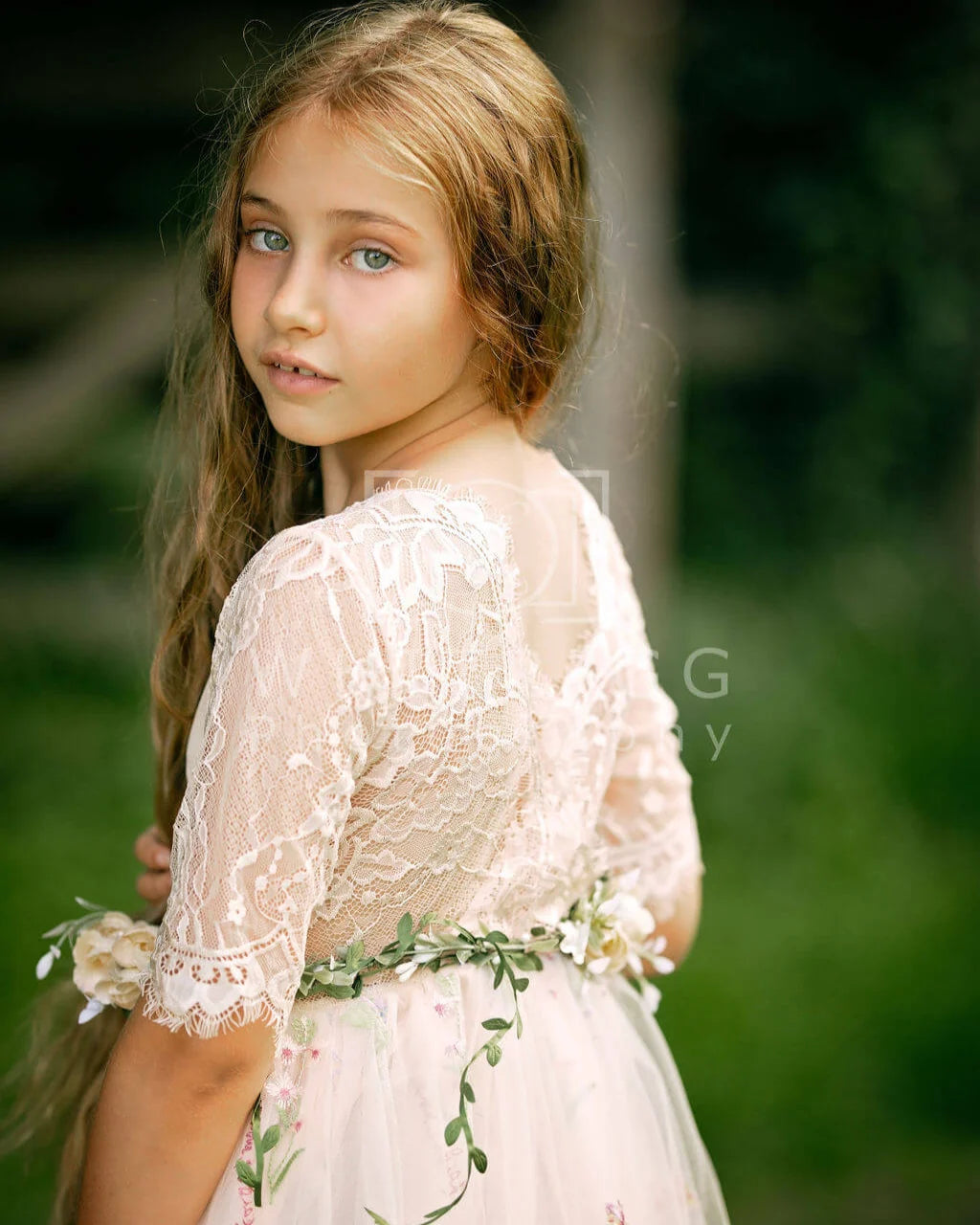 Champagne Embroidered Flutter Sleeve Flower Girl Dress