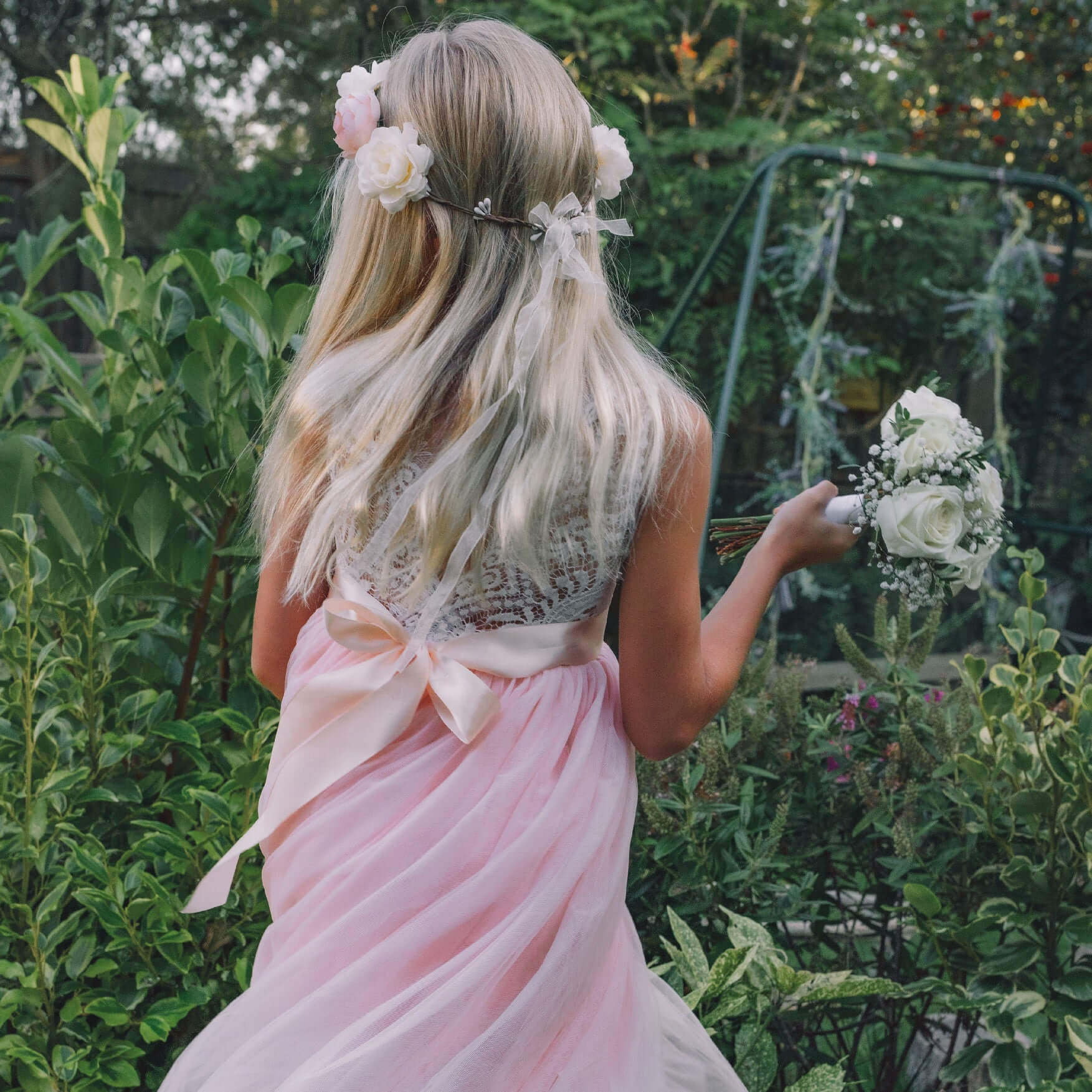 Baby Pink Boho Lace Flower Girl Dress with Tulle Skirt