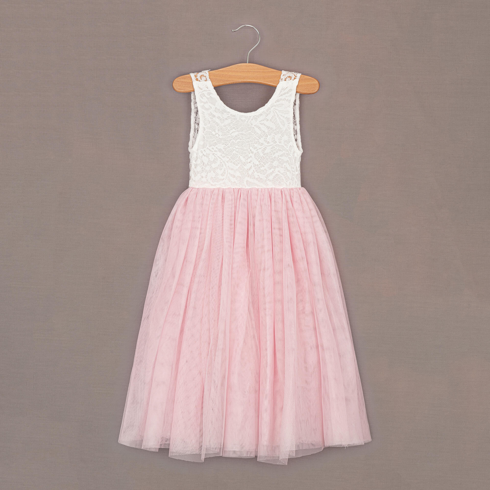 Baby Pink Boho Lace Flower Girl Dress with Tulle Skirt
