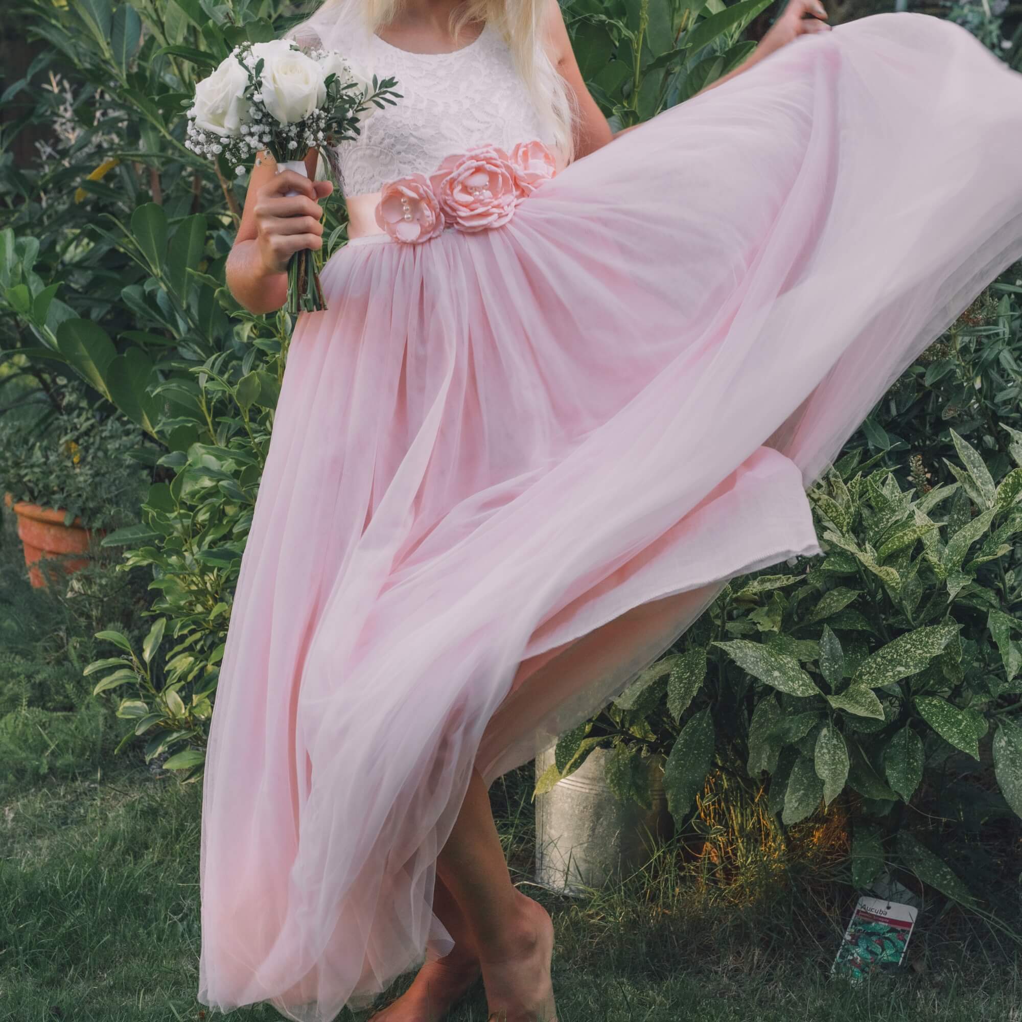 Baby Pink Boho Lace Flower Girl Dress with Tulle Skirt