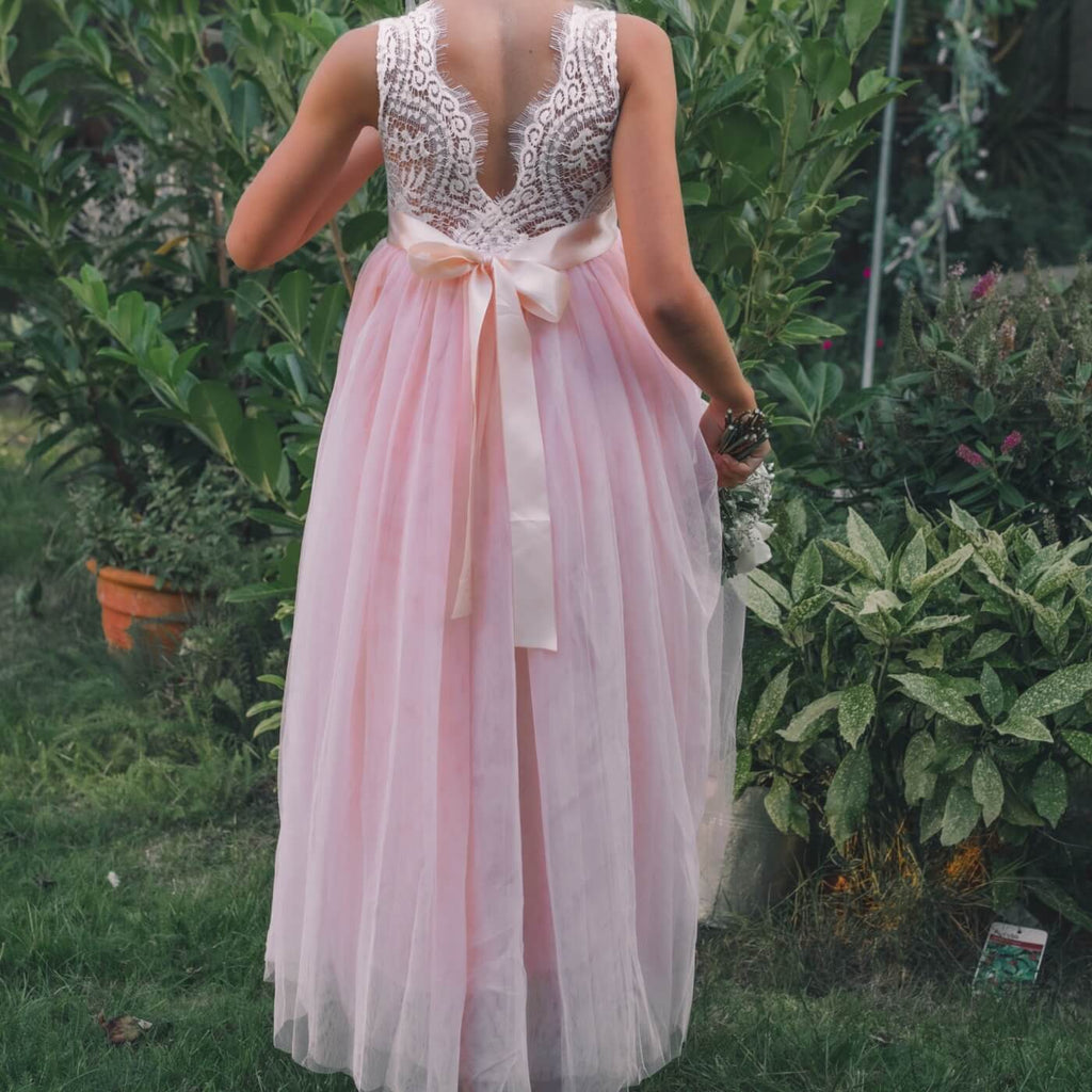 Baby Pink Boho Lace Flower Girl Dress with Tulle Skirt