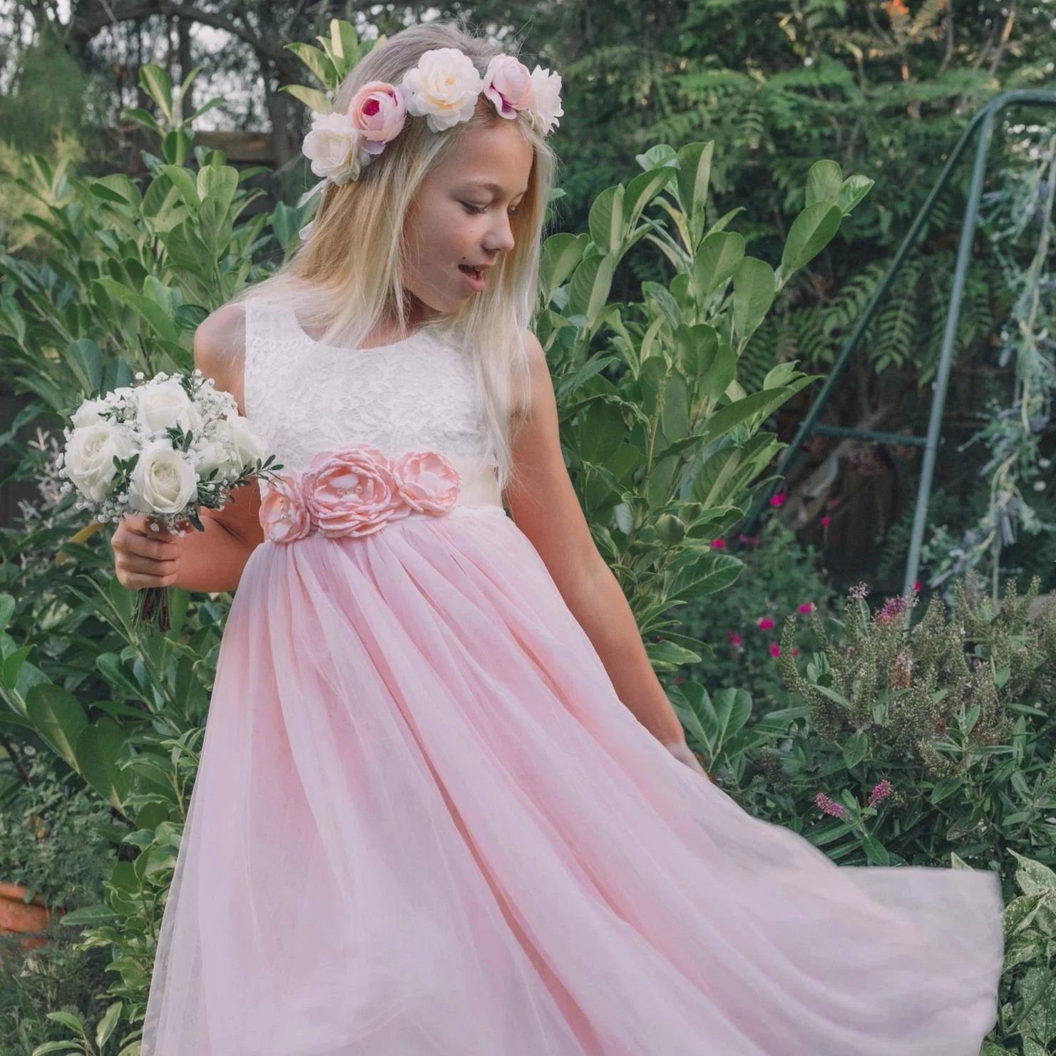 Baby Pink Boho Lace Flower Girl Dress with Tulle Skirt