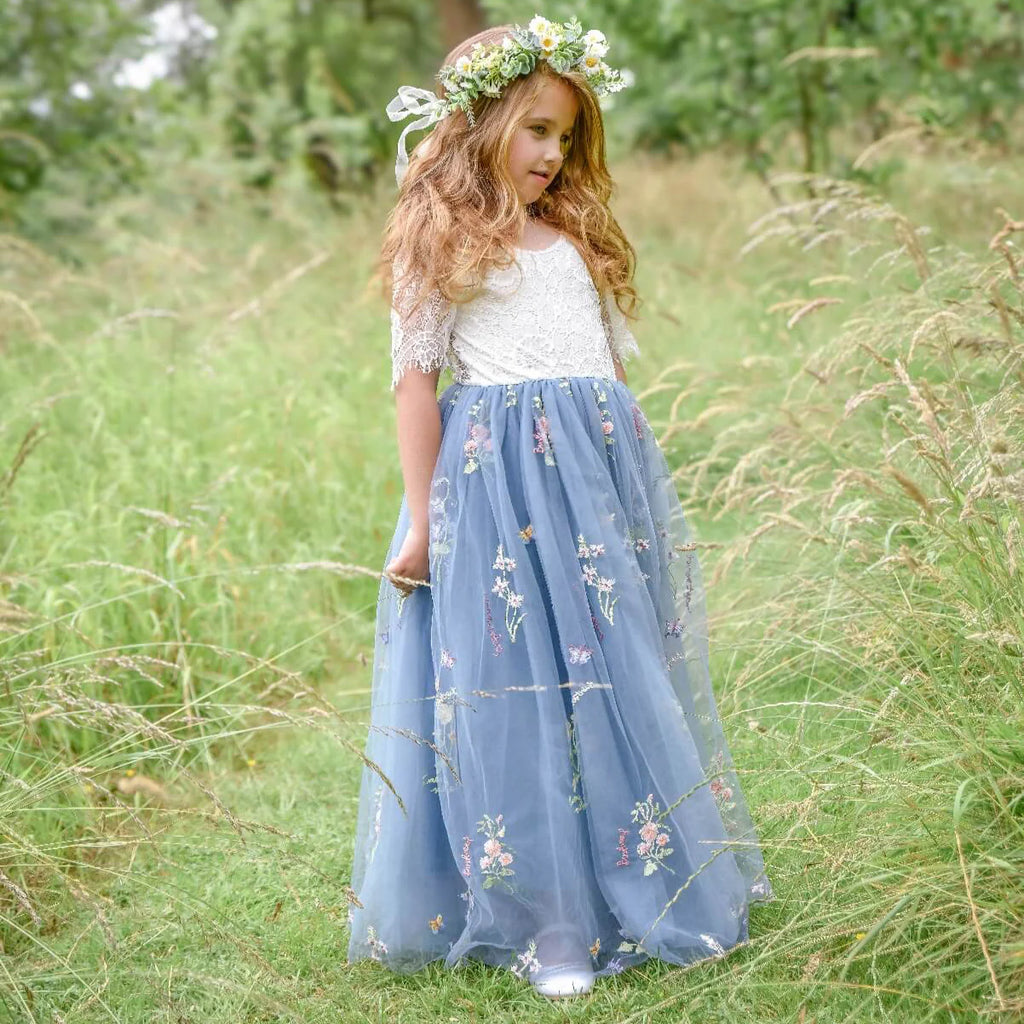 Elegant Dusty Blue Lace Flower Girl Dress