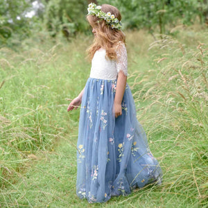 Elegant Dusty Blue Lace Flower Girl Dress