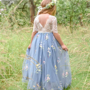 Elegant Dusty Blue Lace Flower Girl Dress