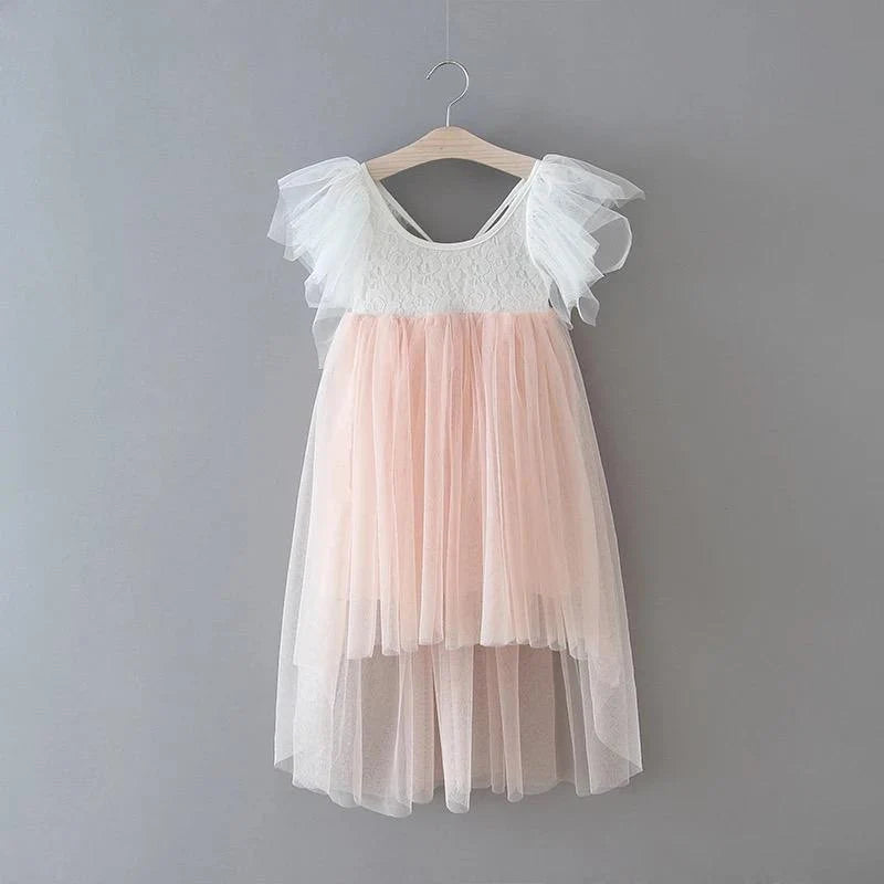Blush High Low Tulle Flower Girl Dress with Lace Bodice