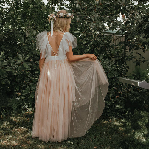 Blush High Low Tulle Flower Girl Dress with Lace Bodice