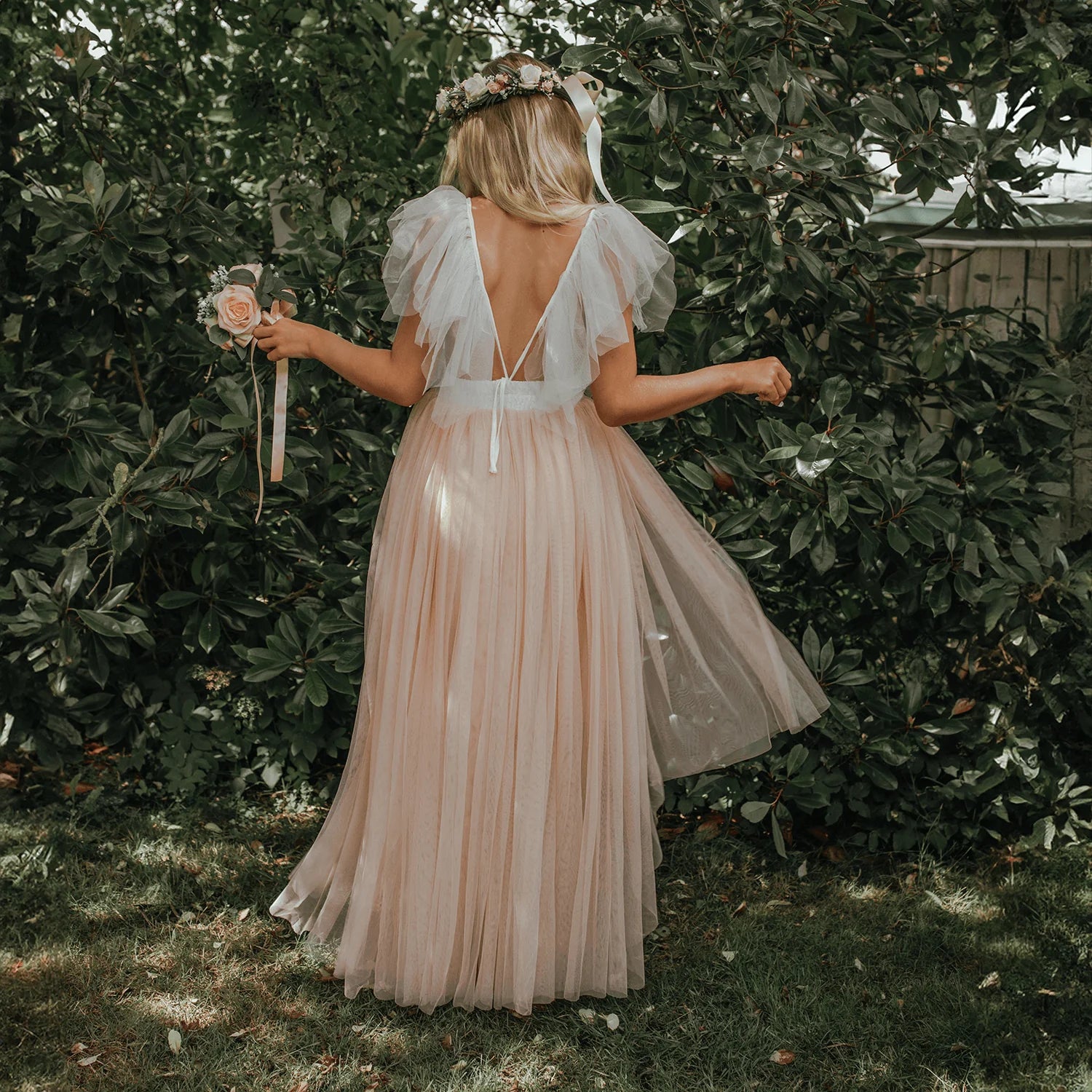 Blush High Low Tulle Flower Girl Dress with Lace Bodice