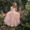 Blush Boho Lace Flower Girl Dress with Tulle Skirt