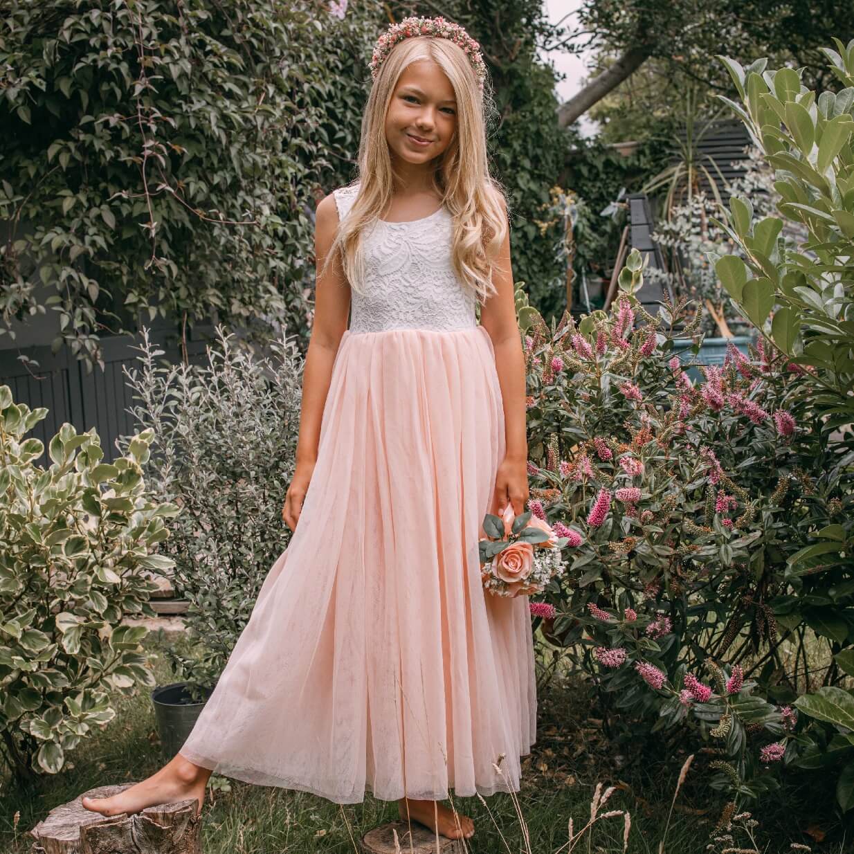 Blush Boho Lace Flower Girl Dress with Tulle Skirt