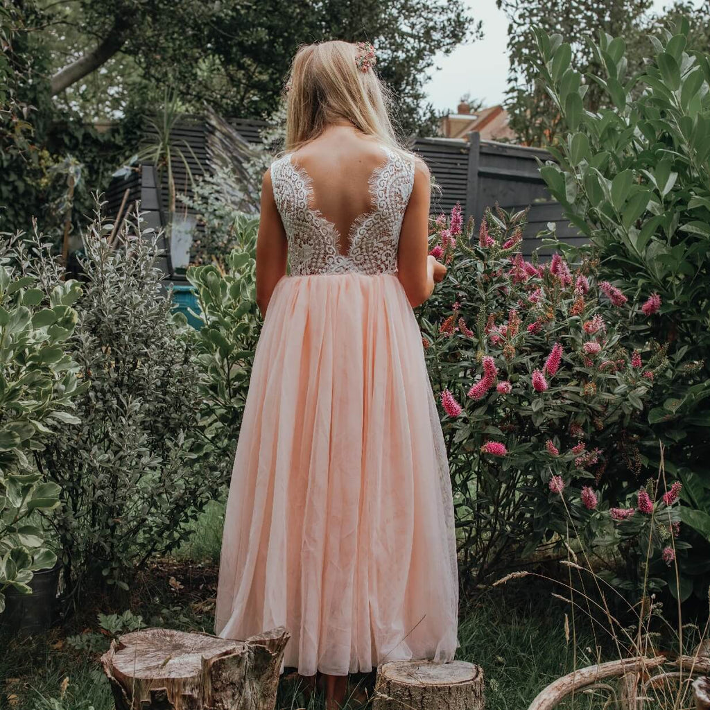 Blush Boho Lace Flower Girl Dress with Tulle Skirt