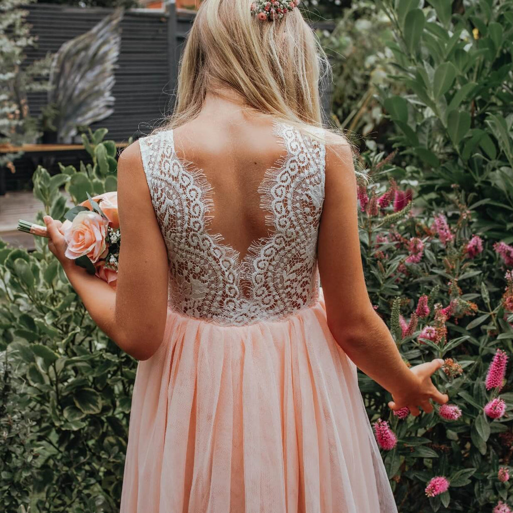 Blush Boho Lace Flower Girl Dress with Tulle Skirt