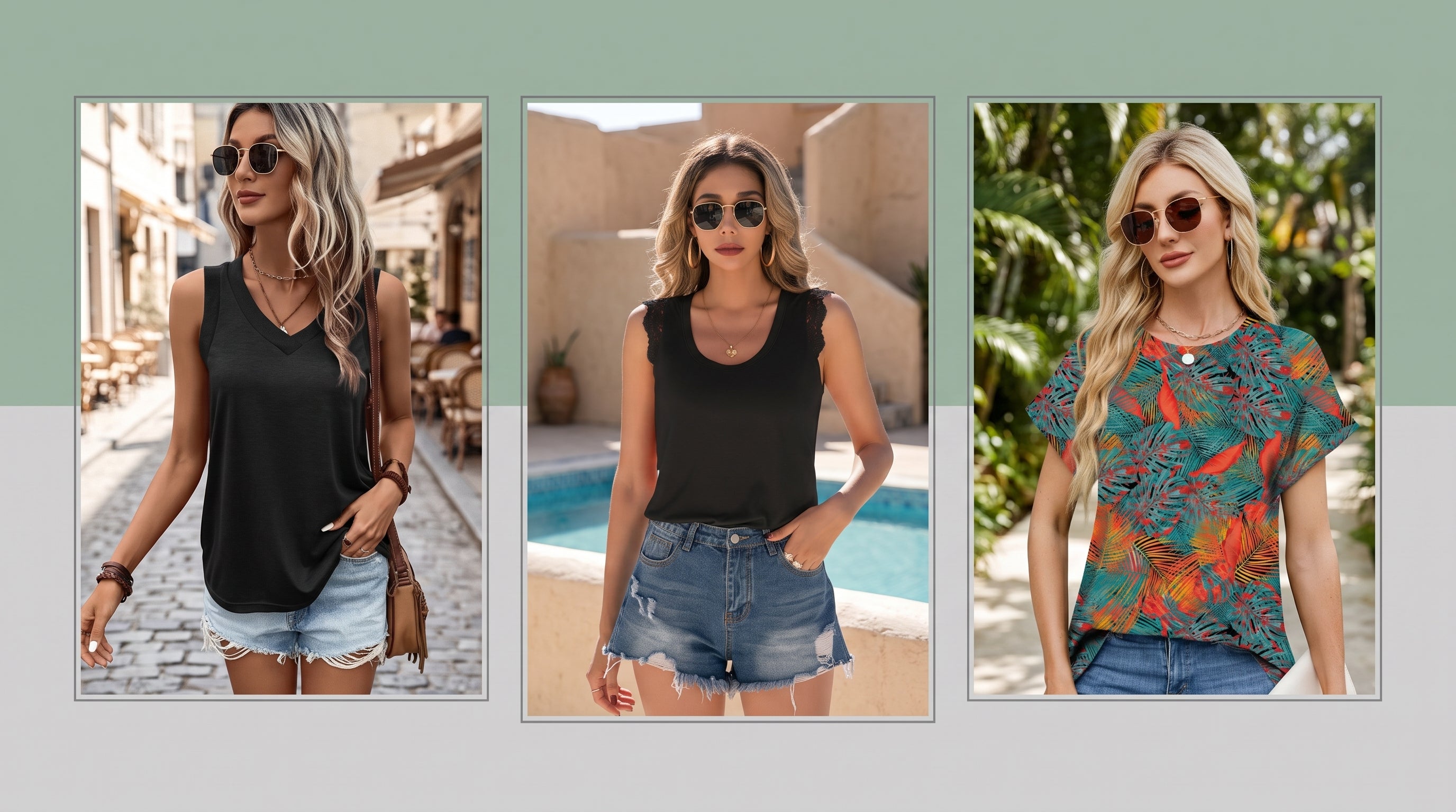 Three women modeling sleeveless black tank tops paired with denim shorts in outdoor resort-style settings, shown in a three-panel collage on a muted green and gray background.1621243260e1af0c20-0