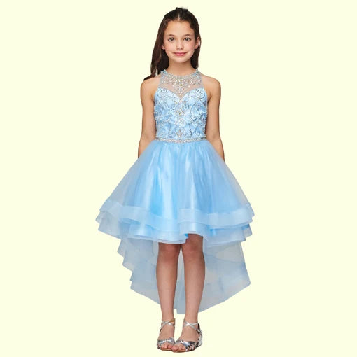 Girls Crystal Pearl Halter Tulle Party Gown