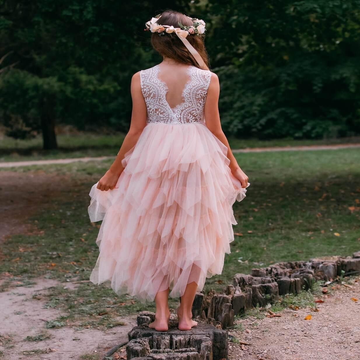 Apricot Champagne Lace Applique Flower Girl Tulle Dress  Description: