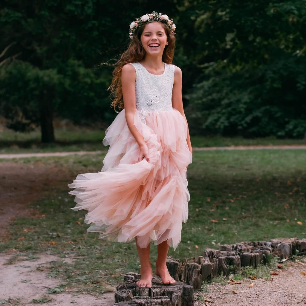 Apricot Champagne Lace Applique Flower Girl Tulle Dress  Description: