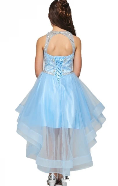 Girls Crystal Pearl Halter Tulle Party Gown