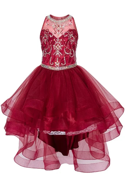 Girls Crystal Pearl Halter Tulle Party Gown