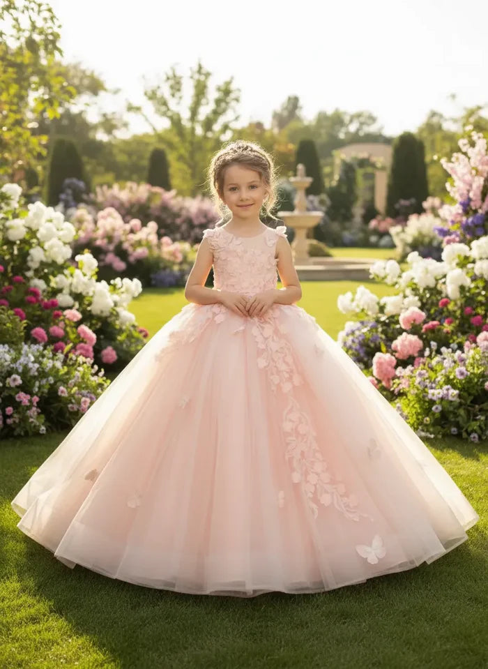 Girls Blush Pink Floral Tulle Flower Girl Dress