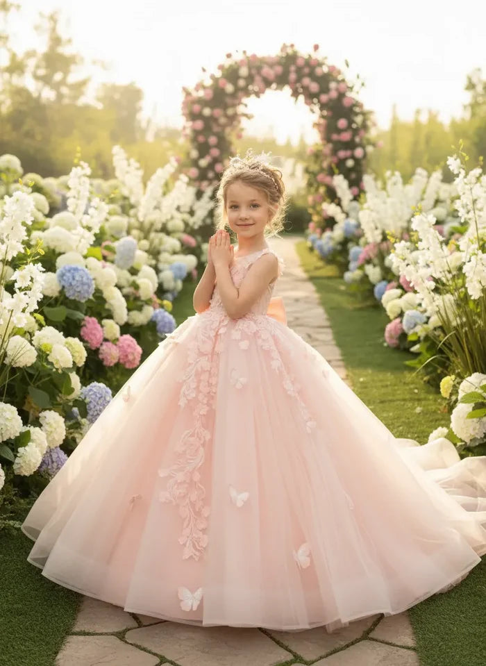 Girls Blush Pink Floral Tulle Flower Girl Dress