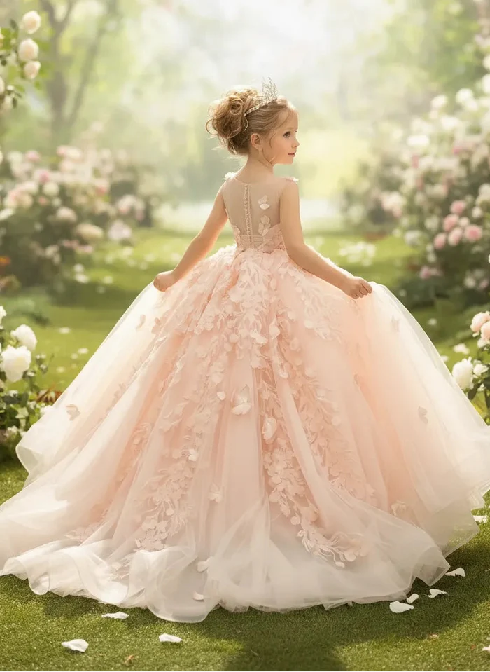 Girls Blush Pink Floral Tulle Flower Girl Dress