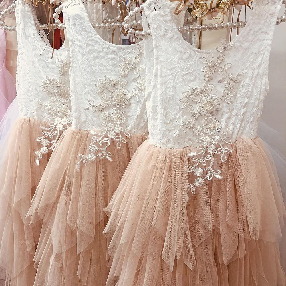 Apricot Champagne Lace Applique Flower Girl Tulle Dress  Description:
