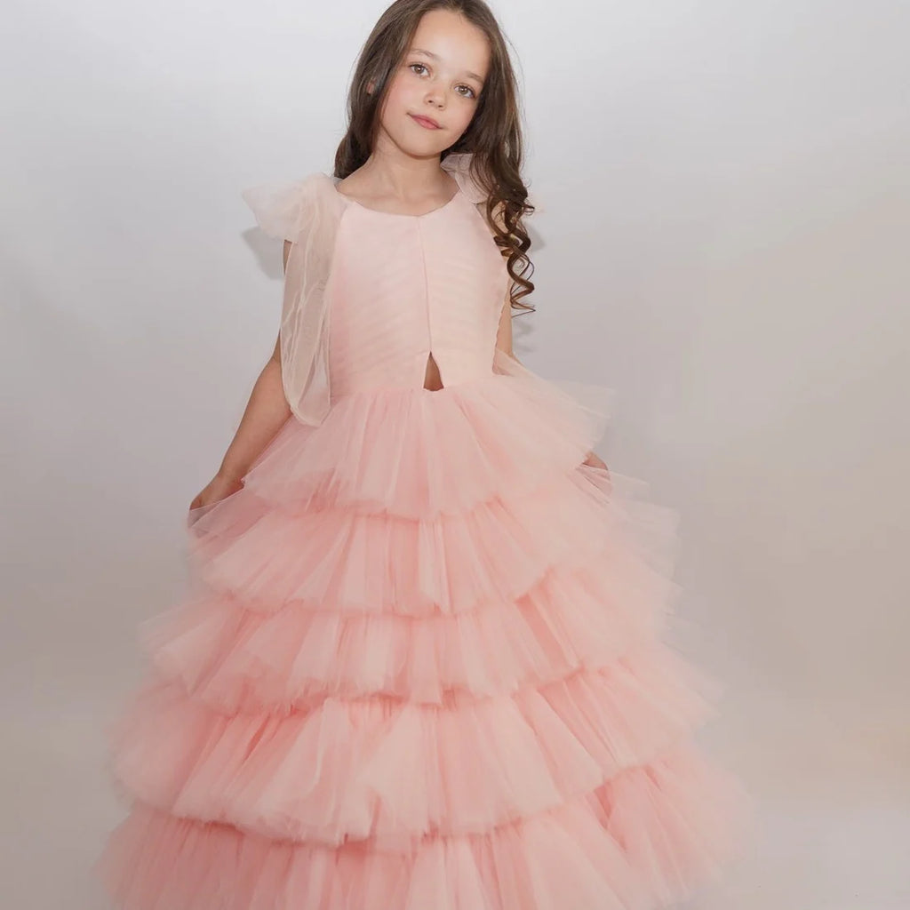 Girls Pink Layered Tulle Princess Party Dress