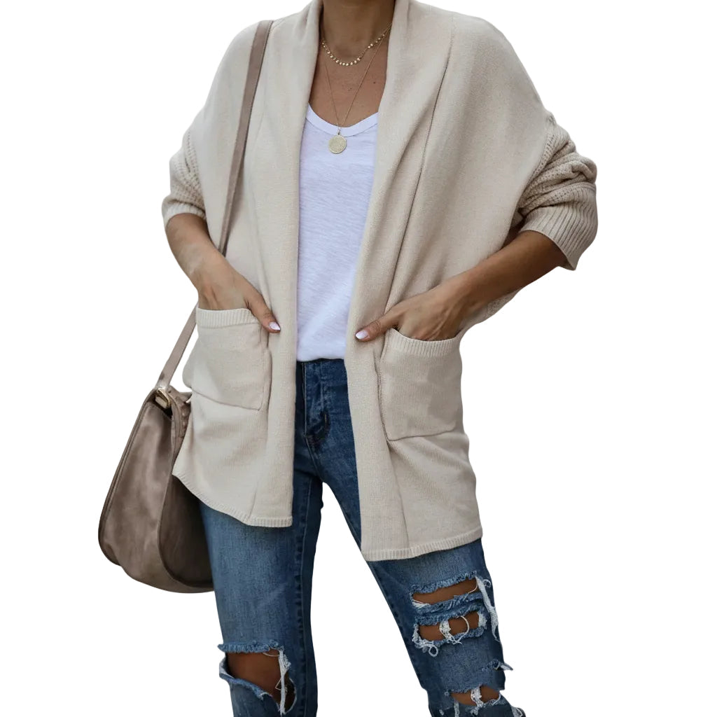 Women's bat sleeve thick knit cardigan sweater coat in Cream front view