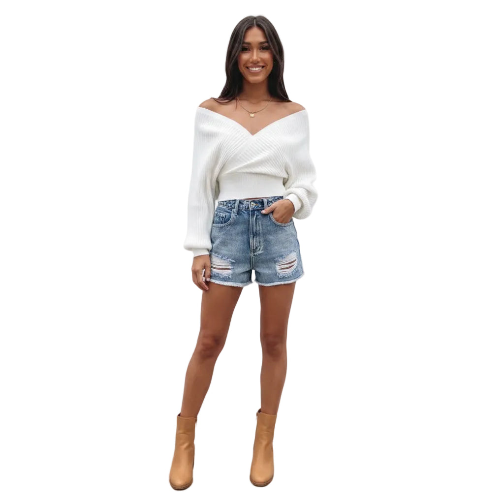 Women's loose fit lantern sleeve pullover sweater in Light Beige front view