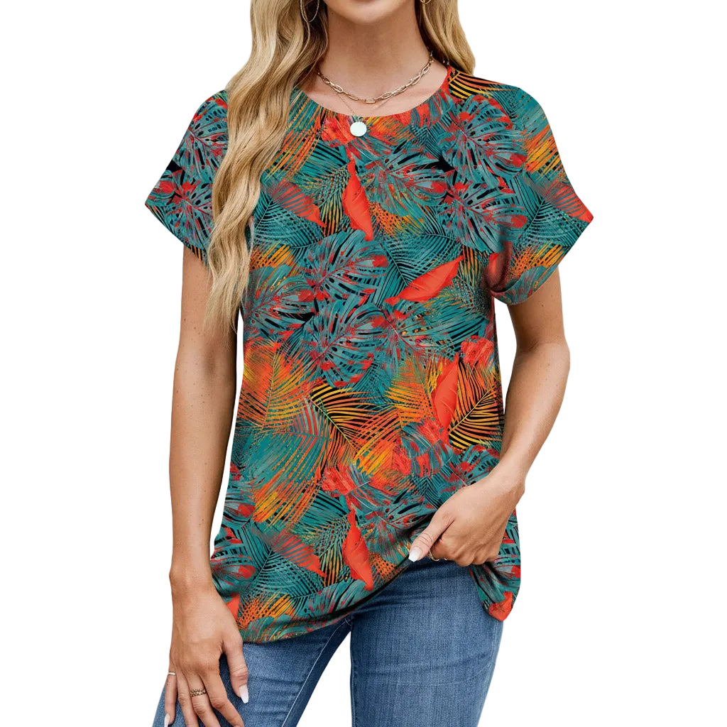 Women's personality printed loose fit T shirt in Tropical Teal front view